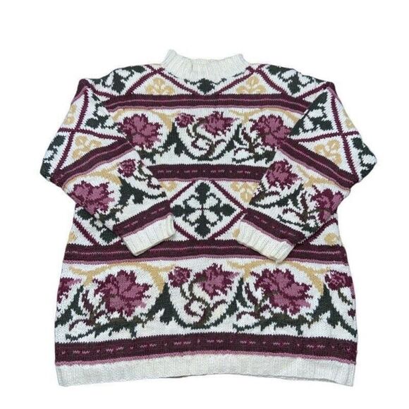 Vintage 80s‎ Express Tricot Sweater Medium Cottagecore Floral Chunky Handknitted - Picture 1 of 4